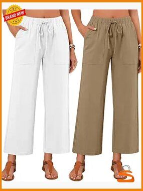 2 Pack High Waisted Linen Wide Leg Palazzo Pants with Pockets